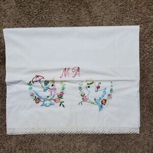 Vintage Pillow Case Cover Blue Bird Embroidery 32x20 Inch Initials MR or MA